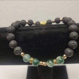 Men's Gold, Black Lava, and Green Emerald Beaded Bracelet
